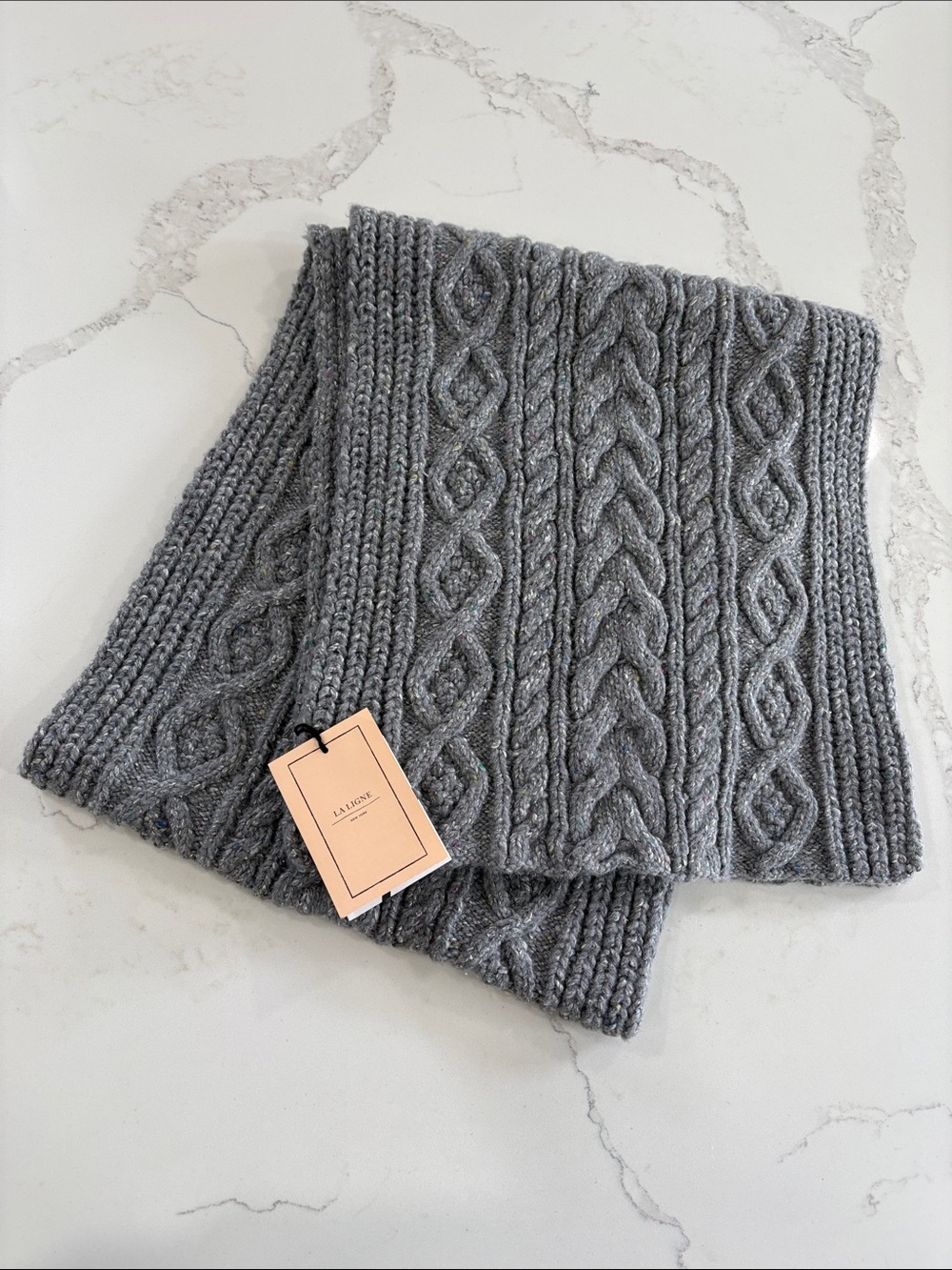 LA LIGNE Wool Cashmere Blend Gray Cable Knit Long Cozy Scarf